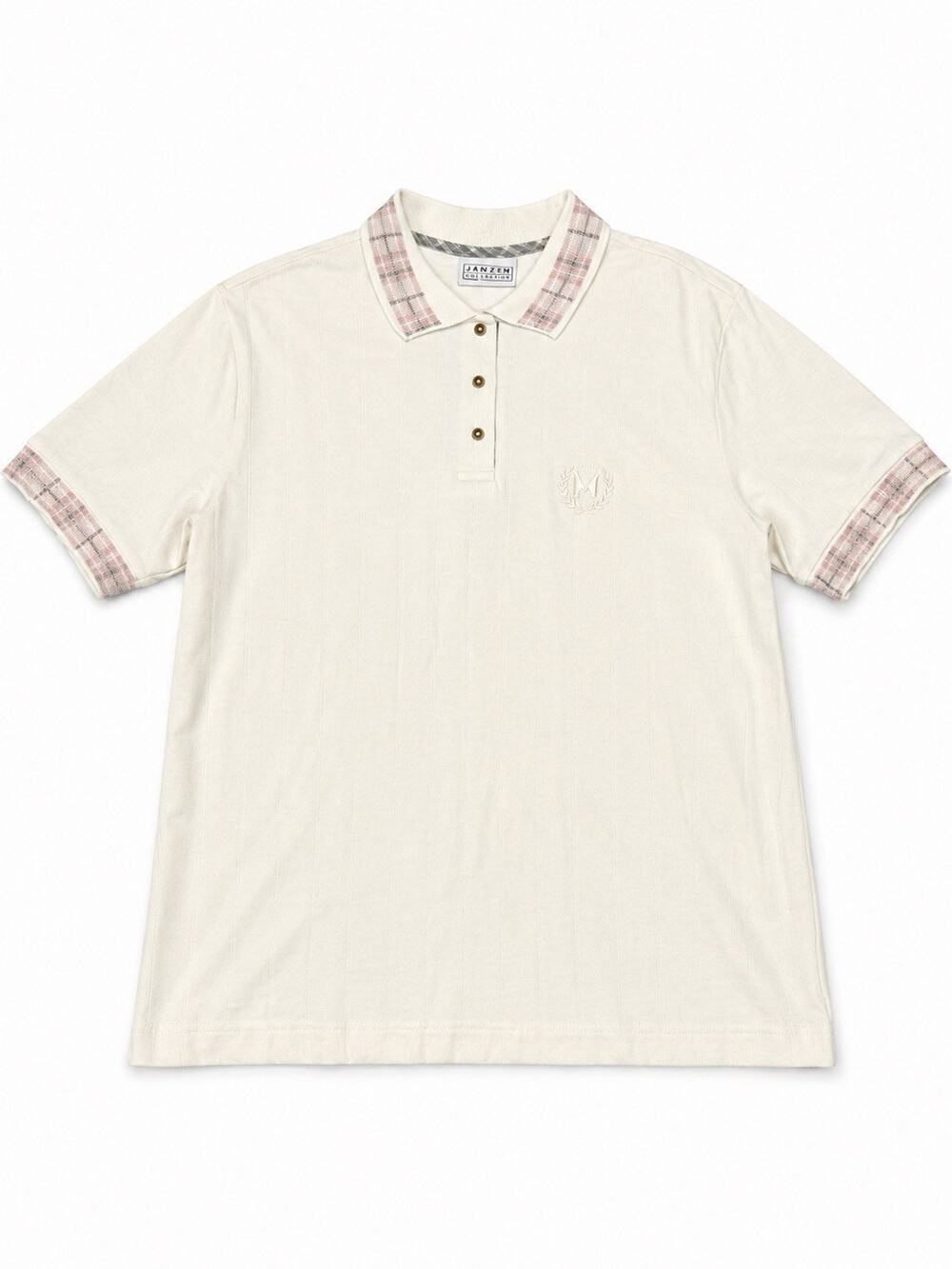 Jantzen Classic Women’s Medium Cream Polo Shirt Plaid Trim Short Sleeve